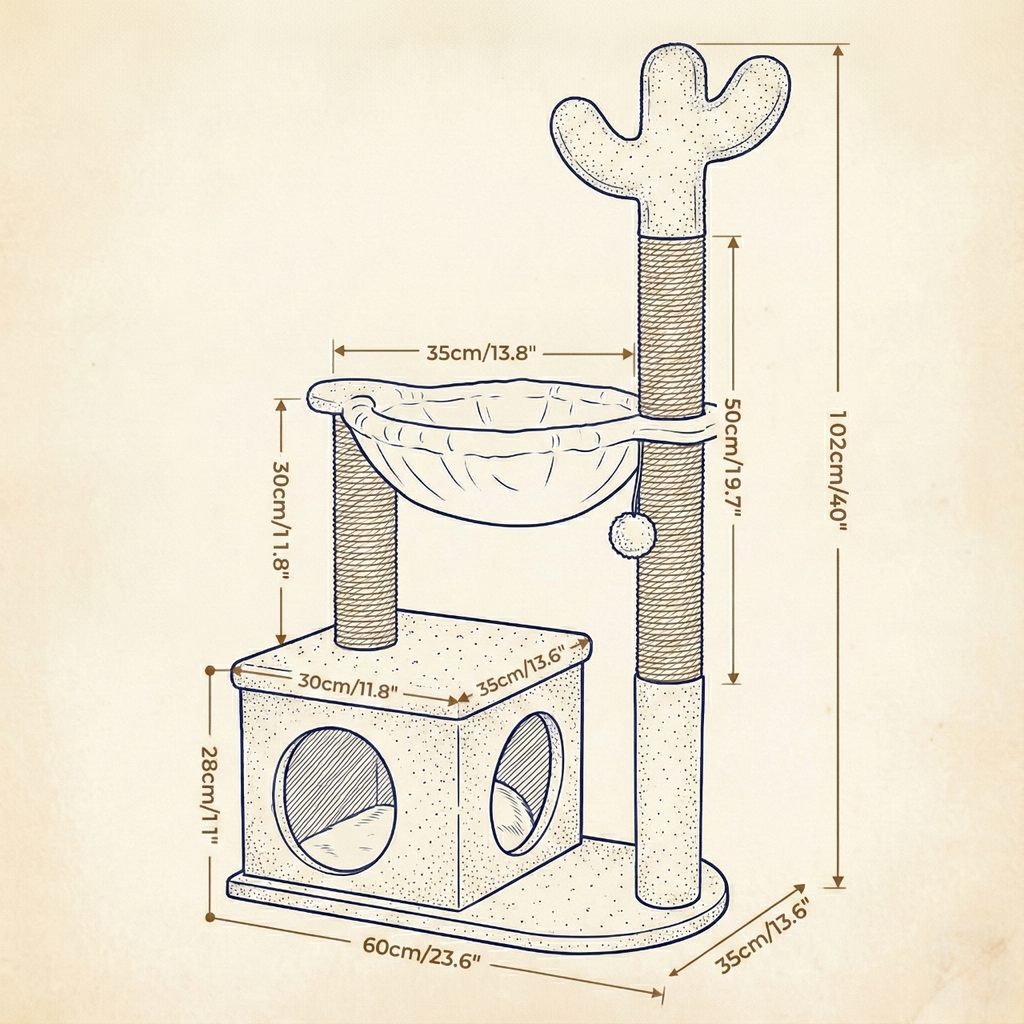 Cactus Cat Tree with Large Condo, Hammock & Dangling Ball