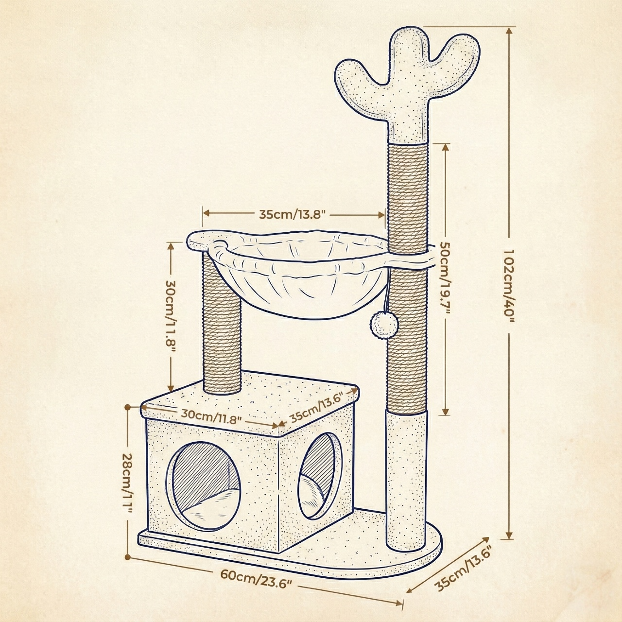 Cactus Cat Tree with Large Condo, Hammock & Dangling Ball