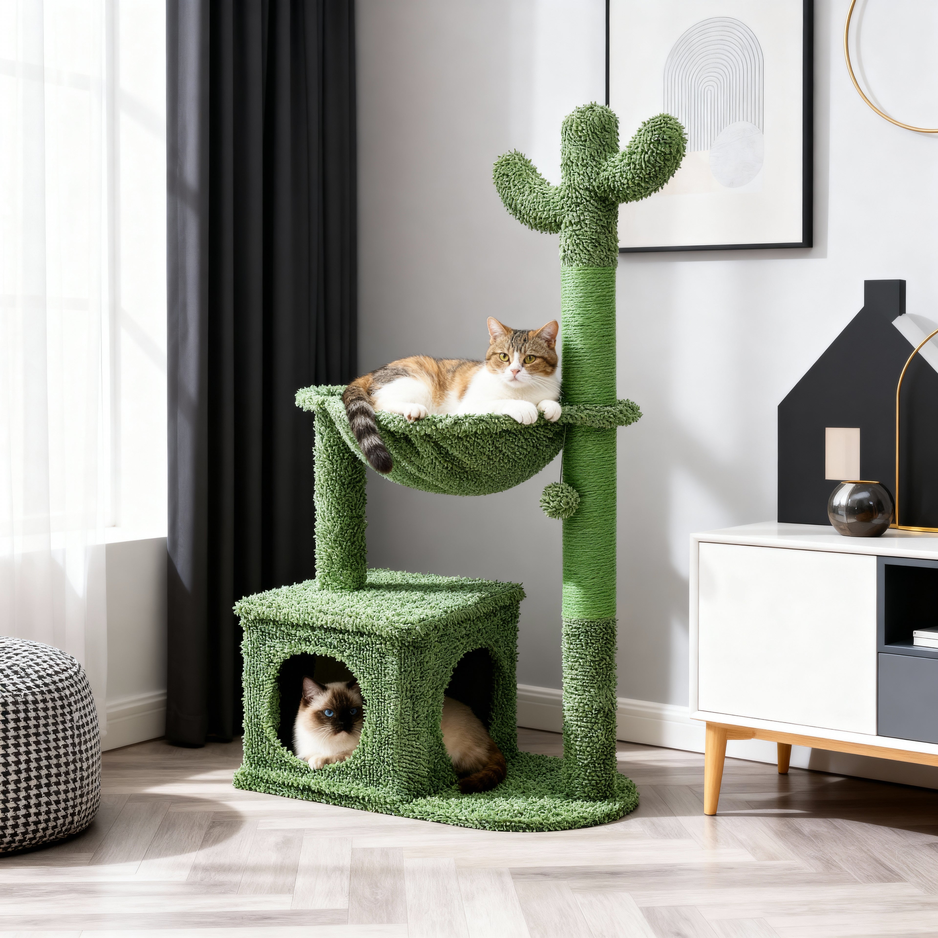 Cactus Cat Tree with Large Condo, Hammock & Dangling Ball