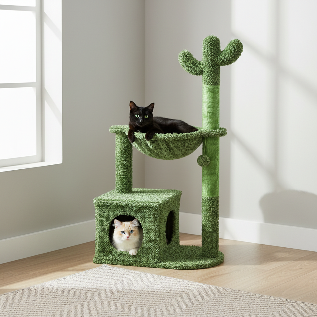 Cactus Cat Tree with Large Condo, Hammock & Dangling Ball