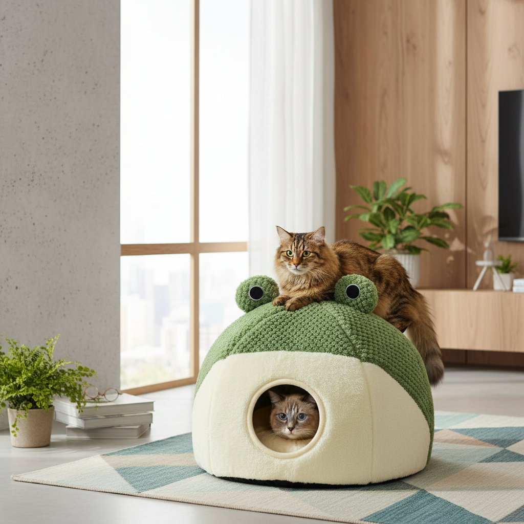 Frog-Shaped Plush Cat House